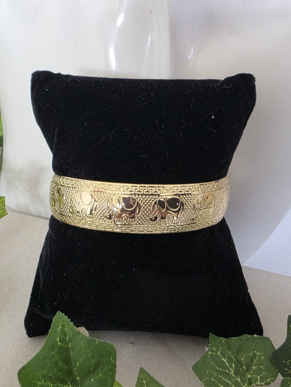 Gold Filled Elephant Open Cuff Bracelet Greek Key Lucky Elephant Bangle